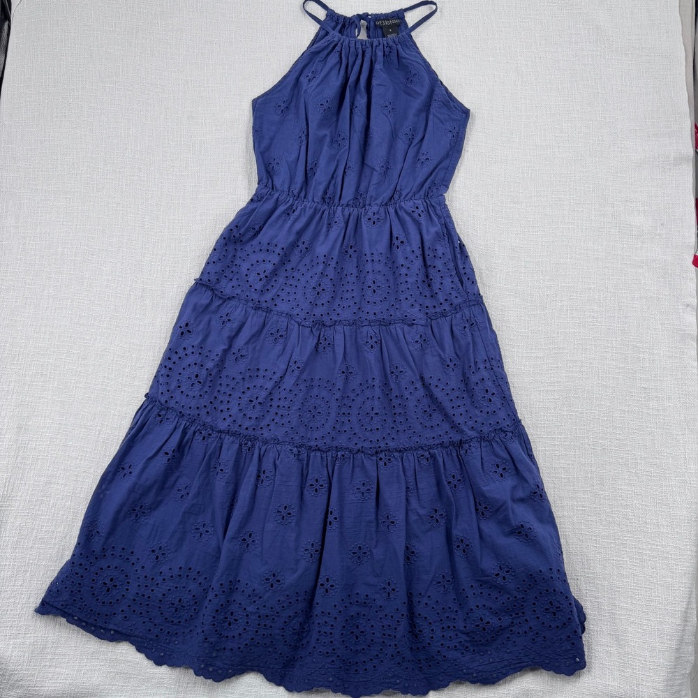 Design 365 Navy Blue Cotton Eyelet Tiered Halter Midi Dress Scalloped Hem Boho